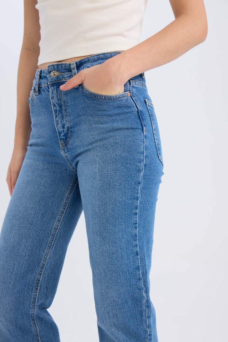 Comfort Straight Yüksek Bel Bilek Boy Jean Yıkamalı Pantolon