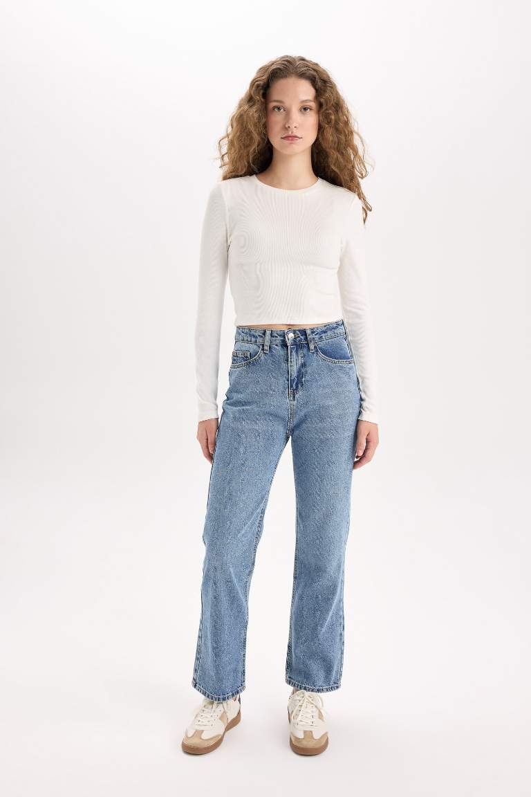 Straight Fit Yüksek Bel Bilek Boy Jean Yıkamalı Pantolon