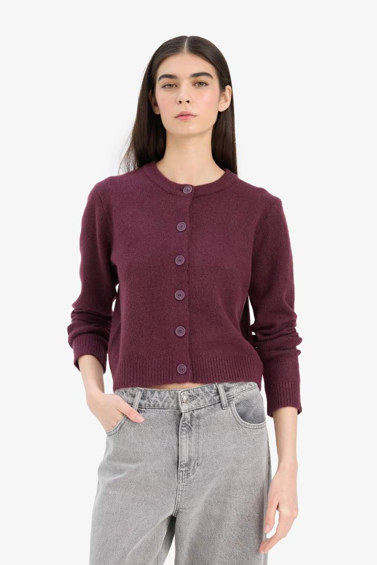Regular Fit Bisiklet Yaka Basic Düz Düğmeli Soft Touch Yumuşak Triko Hırka