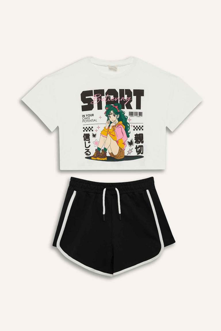 Girl Short Sleeve T-Shirt Flexible Waist Shorts 2 Piece Set