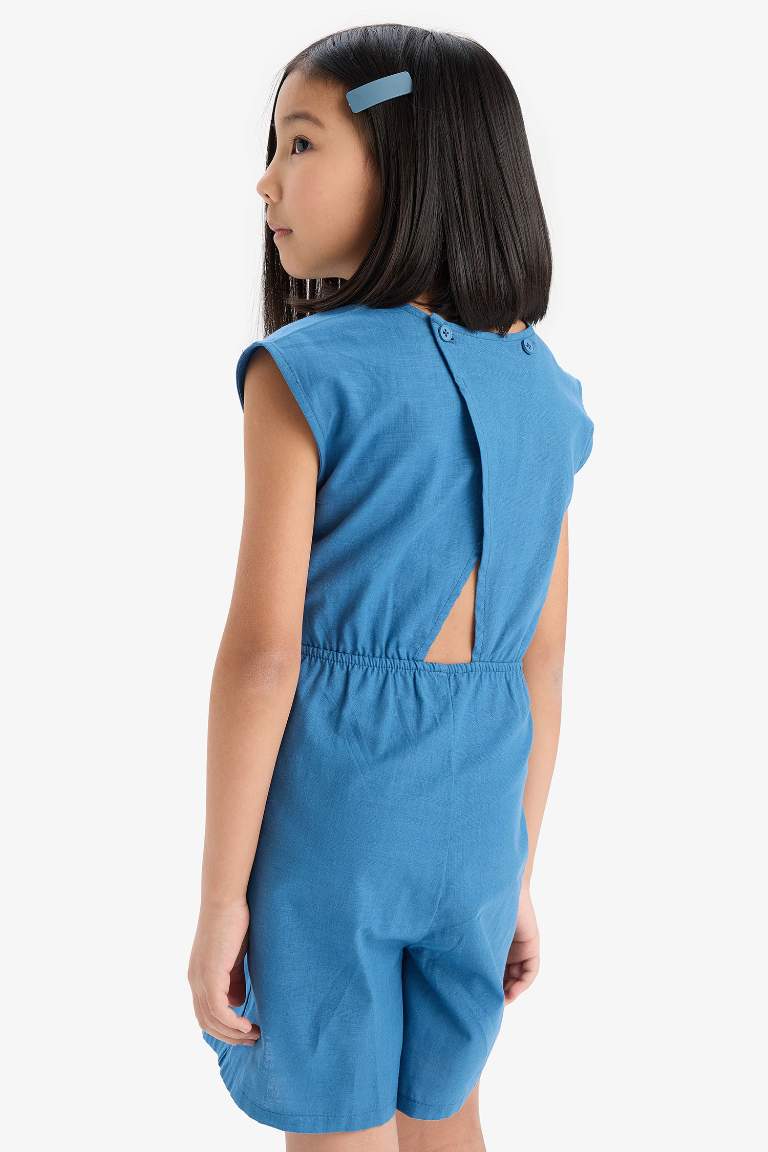 Girl Tied Cotton Sleeveless Short Jumpsuit