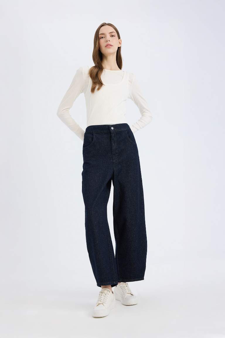 Pantalon Jean à taille élastique avec poches Coupe barrel fit