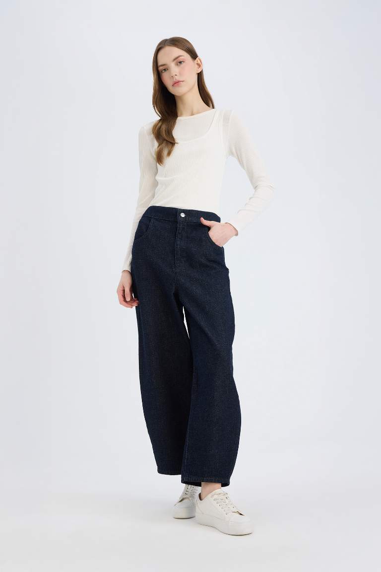 Pantalon Jean à taille élastique avec poches Coupe barrel fit