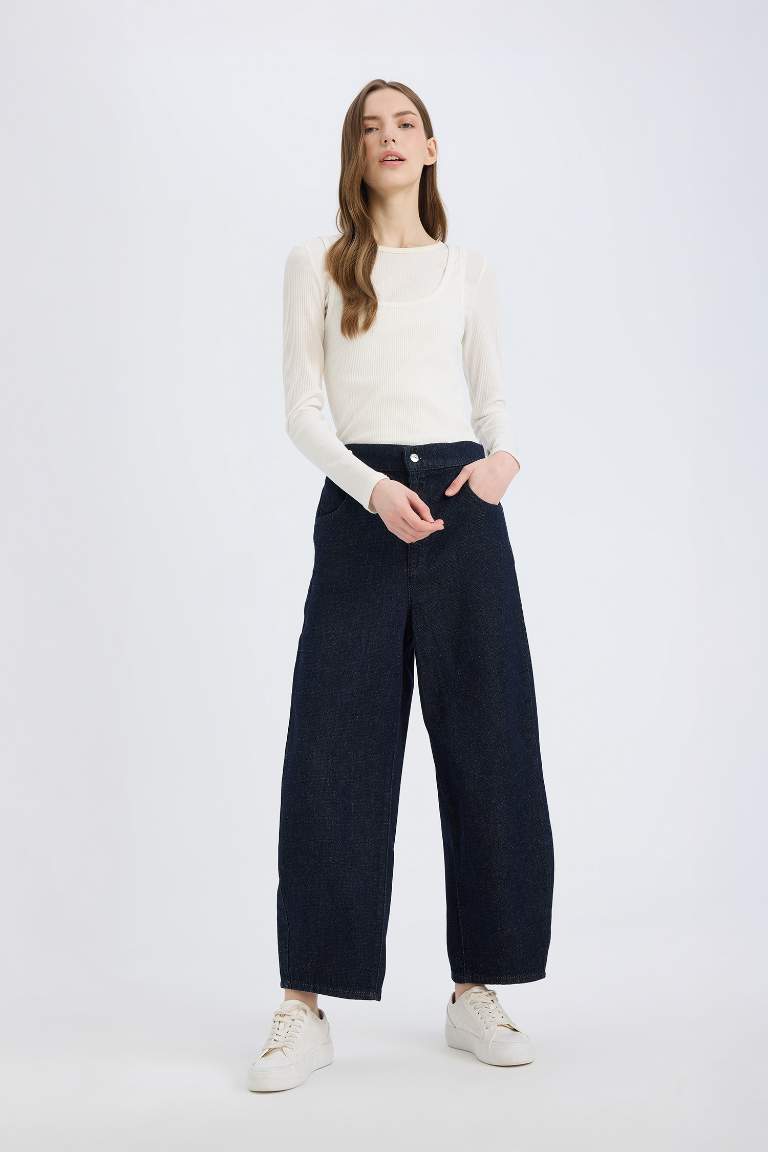 Pantalon Jean à taille élastique avec poches Coupe barrel fit