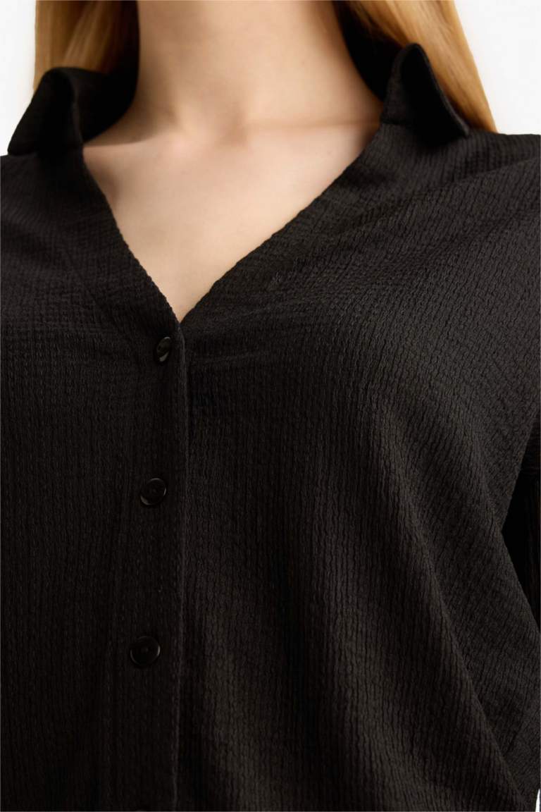 Fitted Shirt Collar Crepe Long Sleeve Shirt