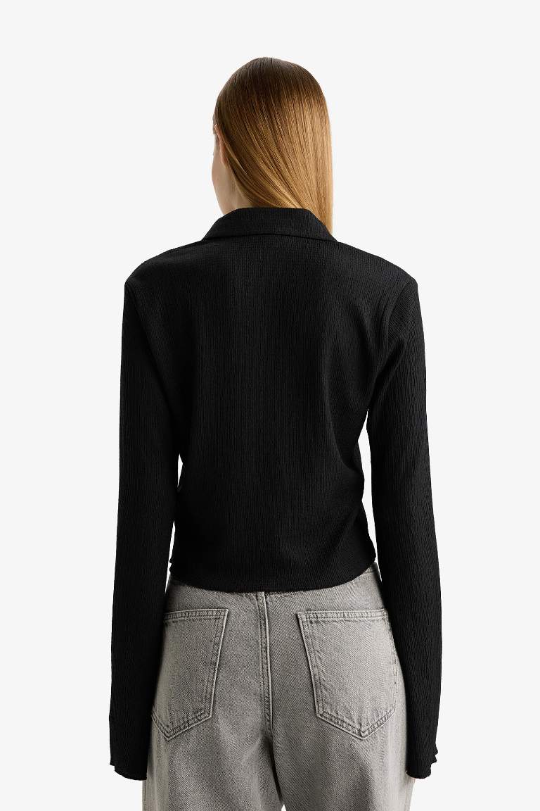 Fitted Shirt Collar Crepe Long Sleeve Shirt