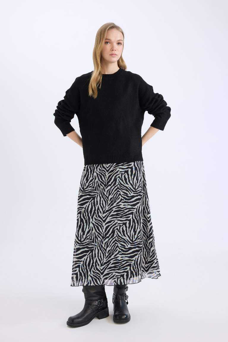 Flare Fit Zebra Patterned High Waist Tulle Maxi Skirt