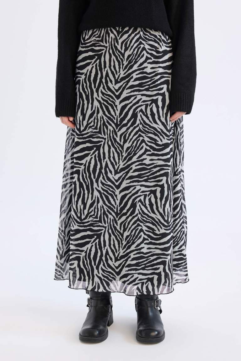 Flare Fit Zebra Patterned High Waist Tulle Maxi Skirt