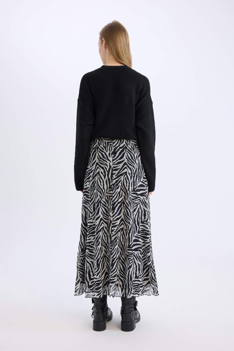 Flare Fit Zebra Patterned High Waist Tulle Maxi Skirt