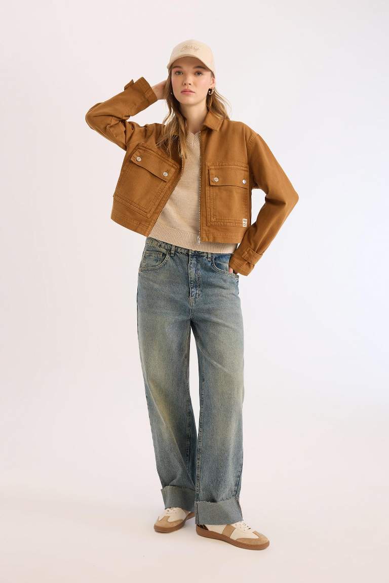 Crop Stand Collar Zippered Pocketed Gabardine Jacket