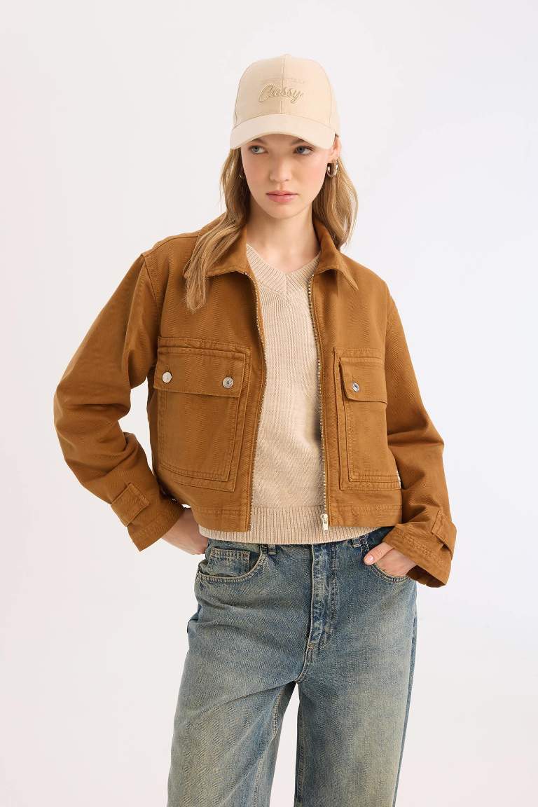 Crop Stand Collar Zippered Pocketed Gabardine Jacket