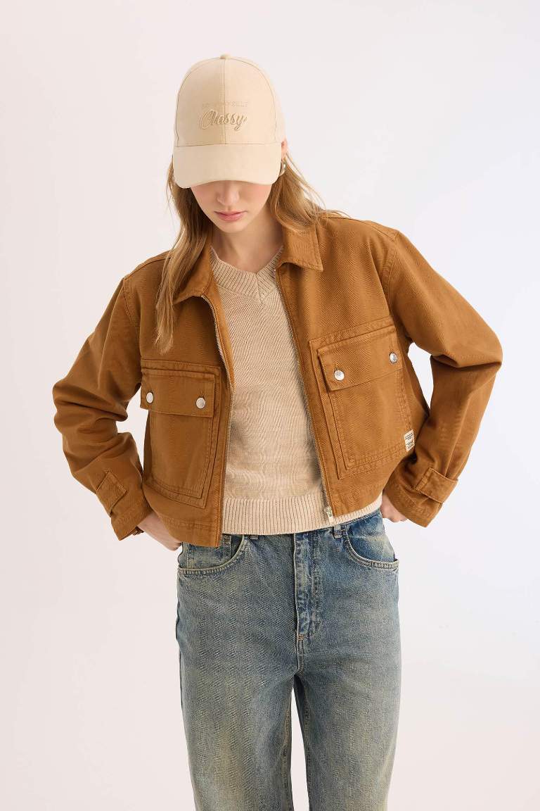 Crop Stand Collar Zippered Pocketed Gabardine Jacket