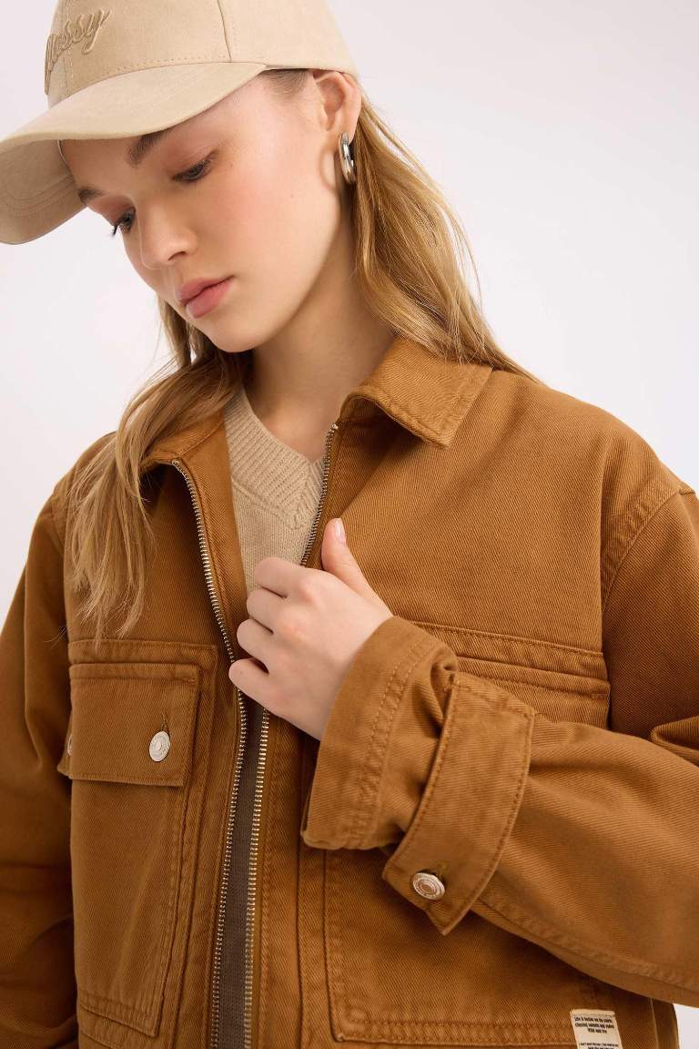 Crop Stand Collar Zippered Pocketed Gabardine Jacket