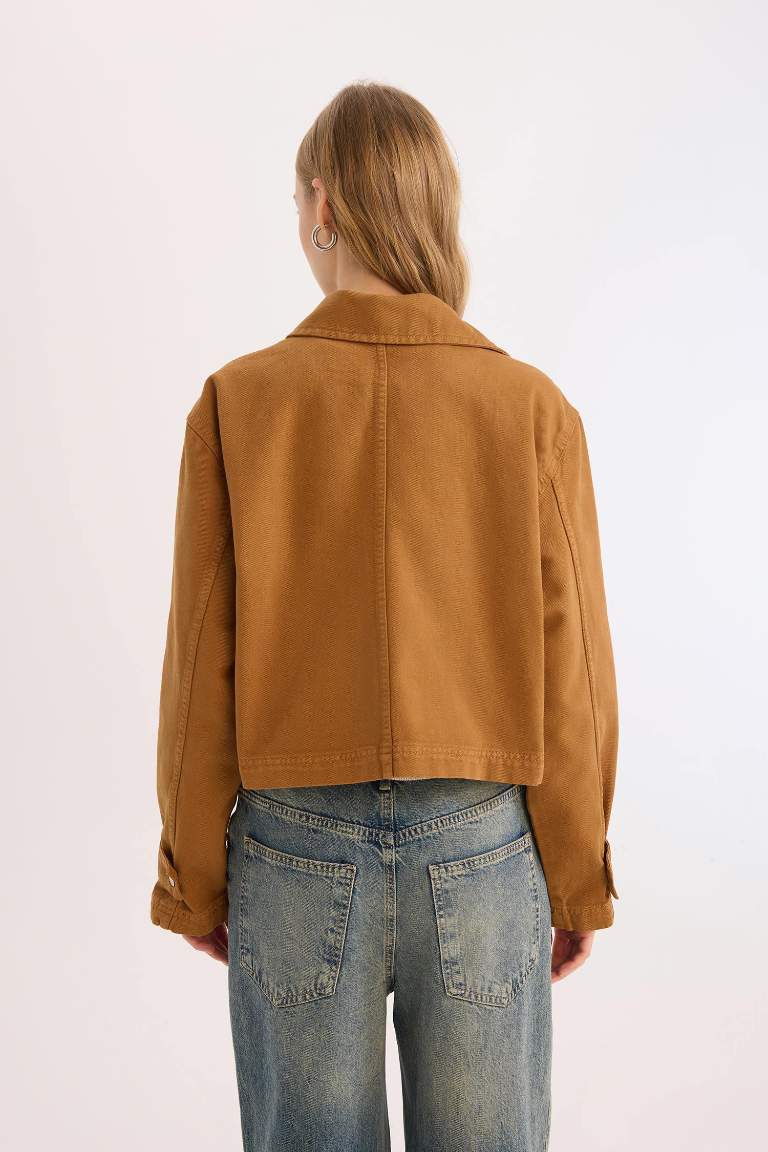 Crop Stand Collar Zippered Pocketed Gabardine Jacket