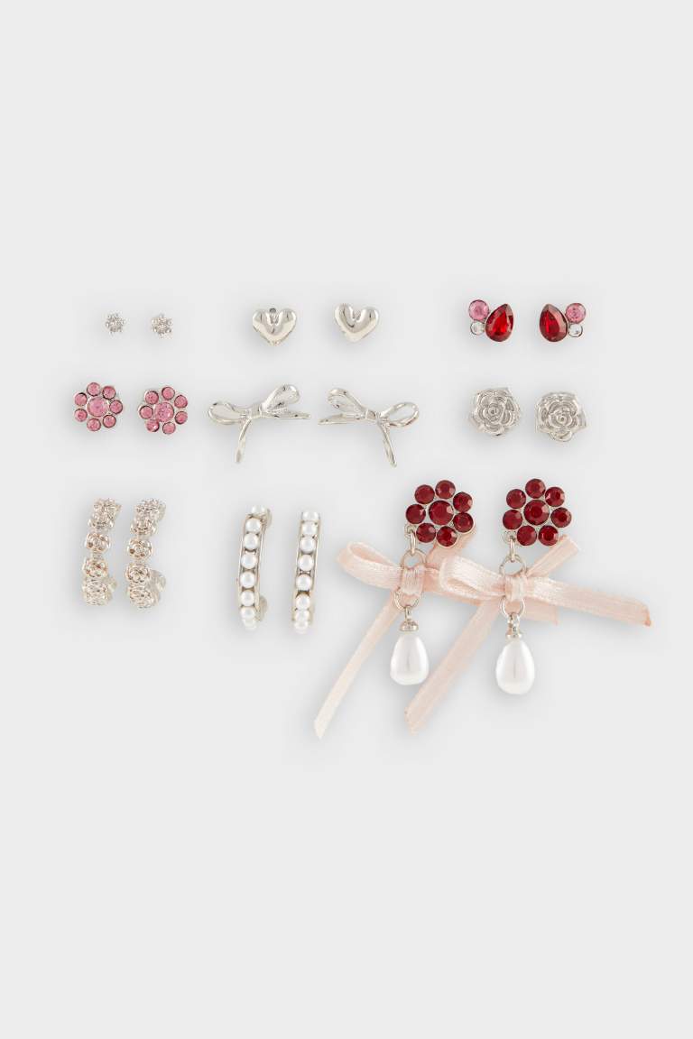 Kadın Kırmızı Detaylı 9'lu Silver Küpe