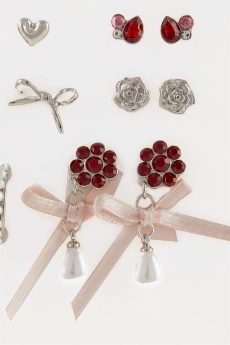 Kadın Kırmızı Detaylı 9'lu Silver Küpe