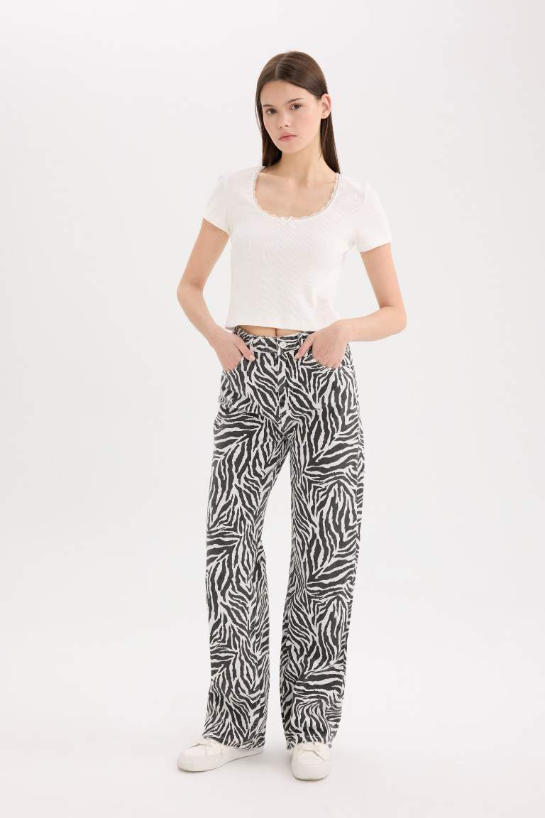 Straight Fit Zebra Desenli Gabardine Trousers