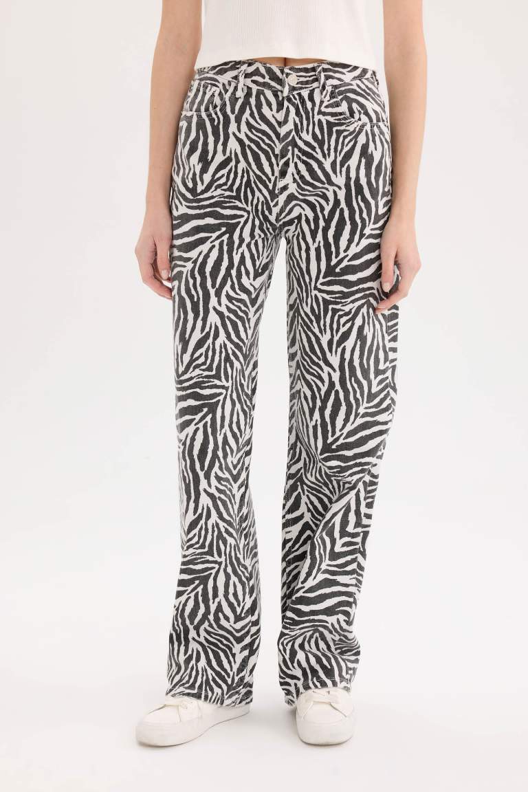 Straight Fit Zebra Desenli Gabardine Trousers