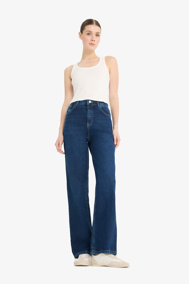 90's Wide Leg Yüksek Bel Uzun Jean Yıkamalı Pantolon