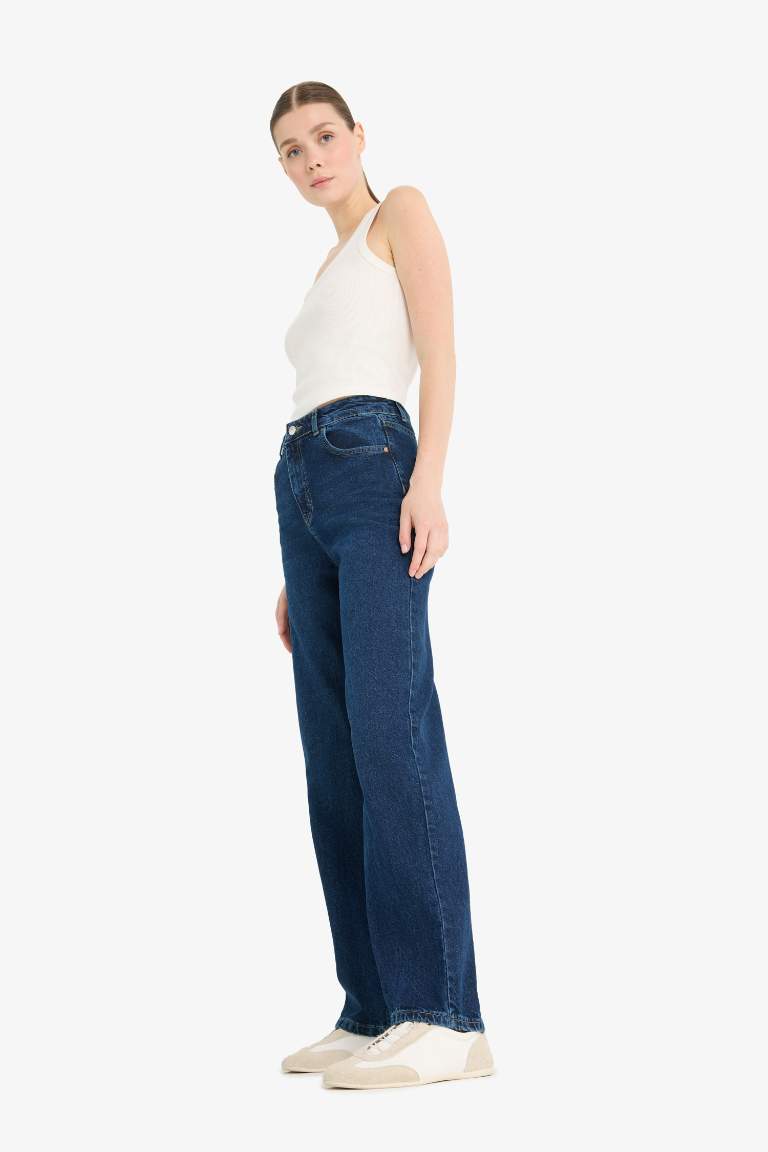 90's Wide Leg Yüksek Bel Uzun Jean Yıkamalı Pantolon