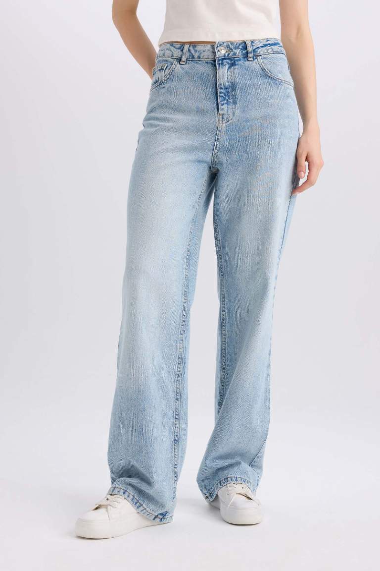 90's Wide Leg High Waist Long Washed Jeans