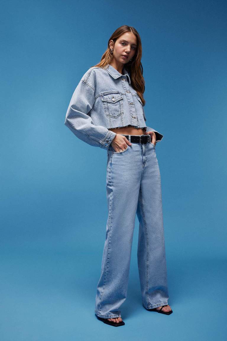 90's Wide Leg Yüksek Bel Uzun Jean Yıkamalı Pantolon