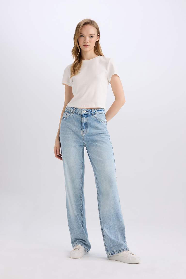 90's Wide Leg Yüksek Bel Uzun Jean Yıkamalı Pantolon