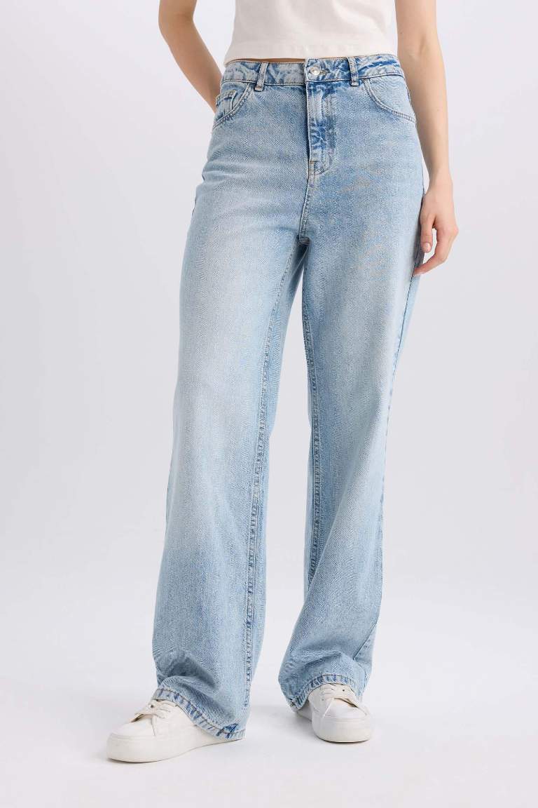 90's Wide Leg Yüksek Bel Uzun Jean Yıkamalı Pantolon