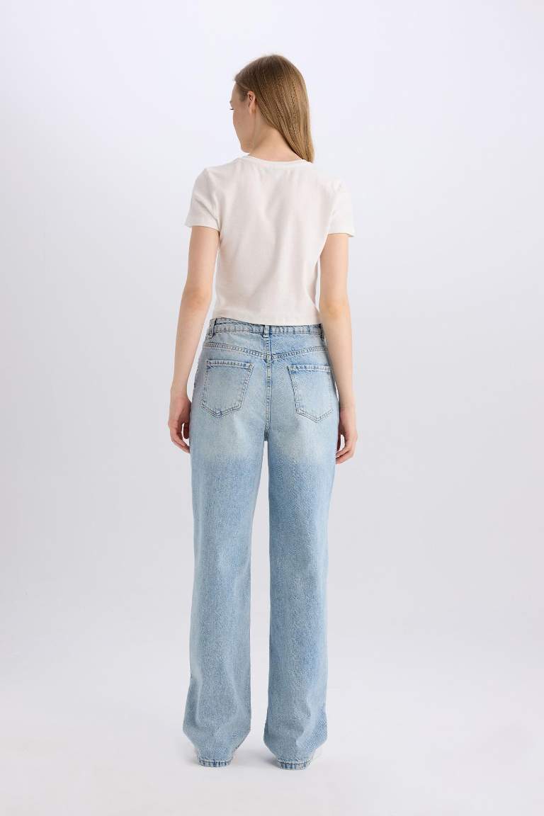 90's Wide Leg Yüksek Bel Uzun Jean Yıkamalı Pantolon