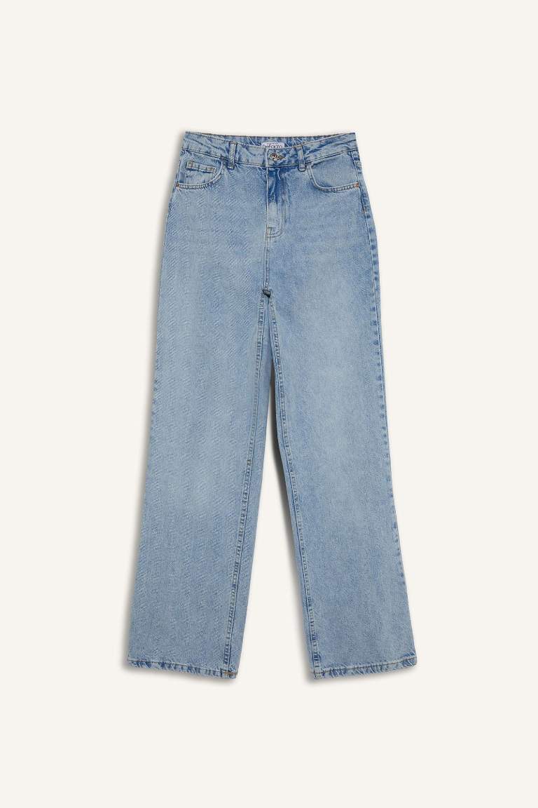 90's Wide Leg Yüksek Bel Uzun Jean Yıkamalı Pantolon