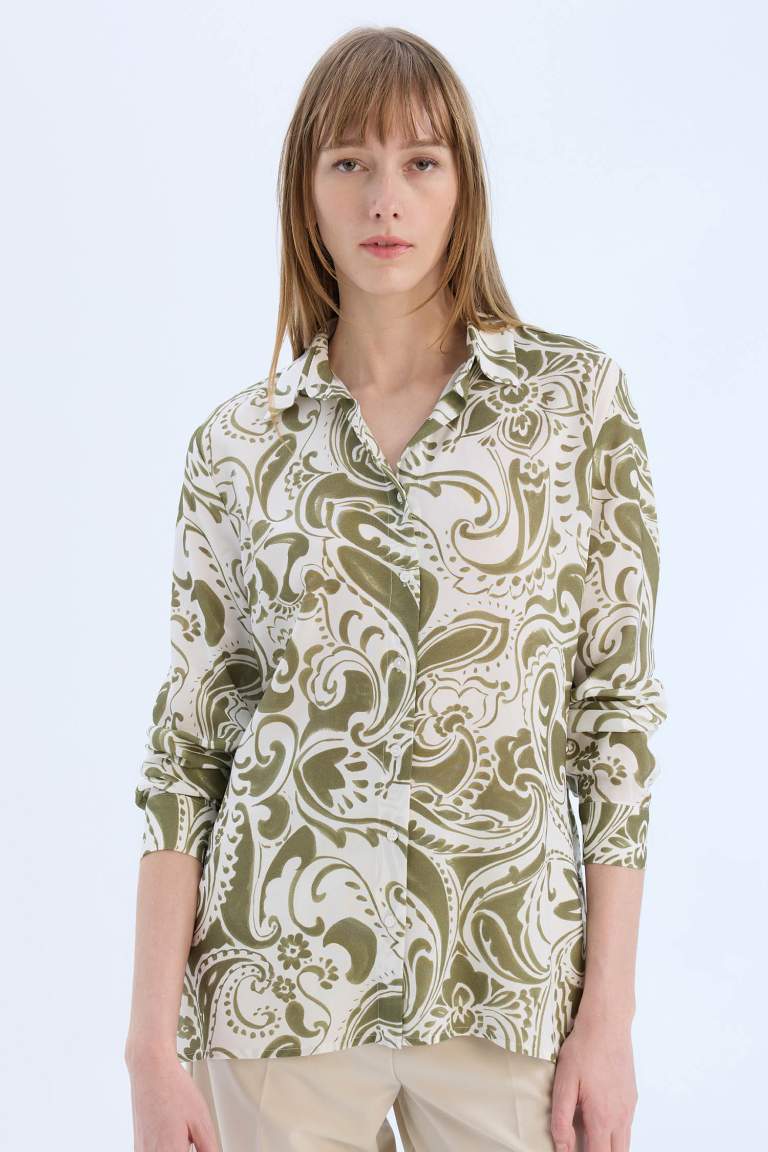 Oversize Fit Shirt Collar Printed Long Sleeve Tunic