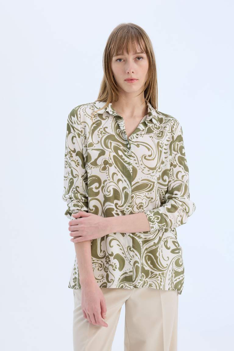 Oversize Fit Shirt Collar Printed Long Sleeve Tunic