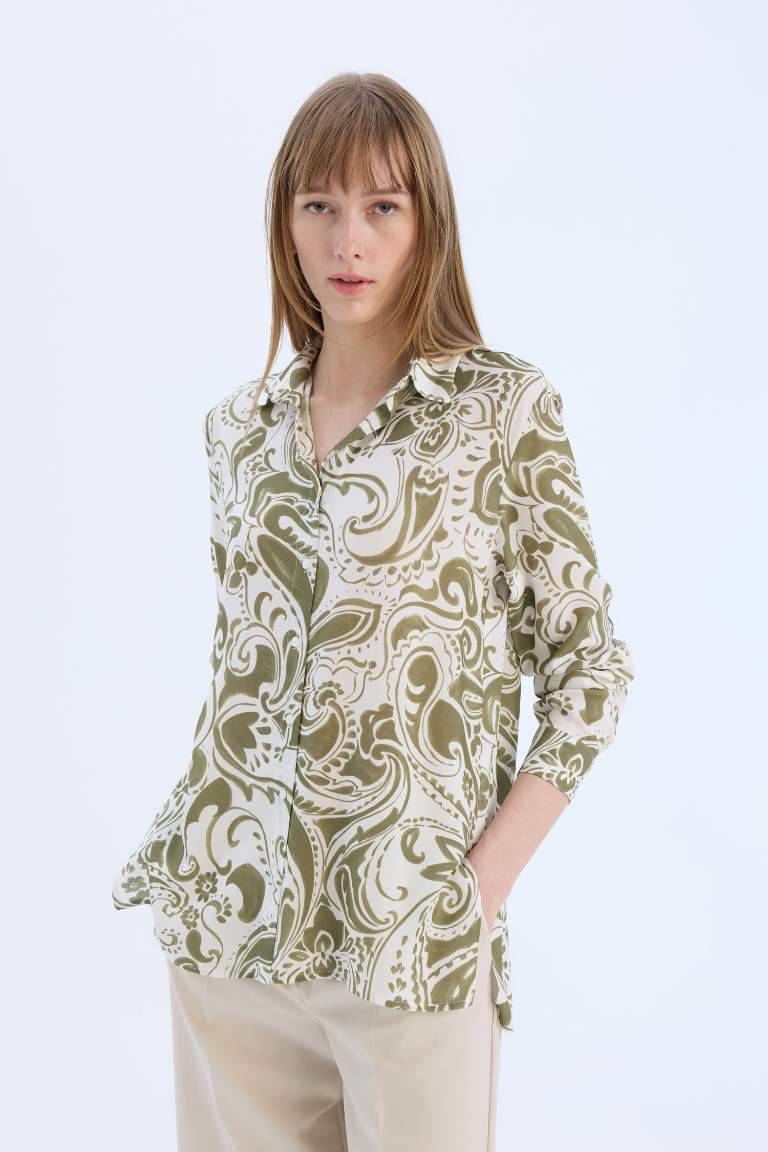 Oversize Fit Shirt Collar Printed Long Sleeve Tunic