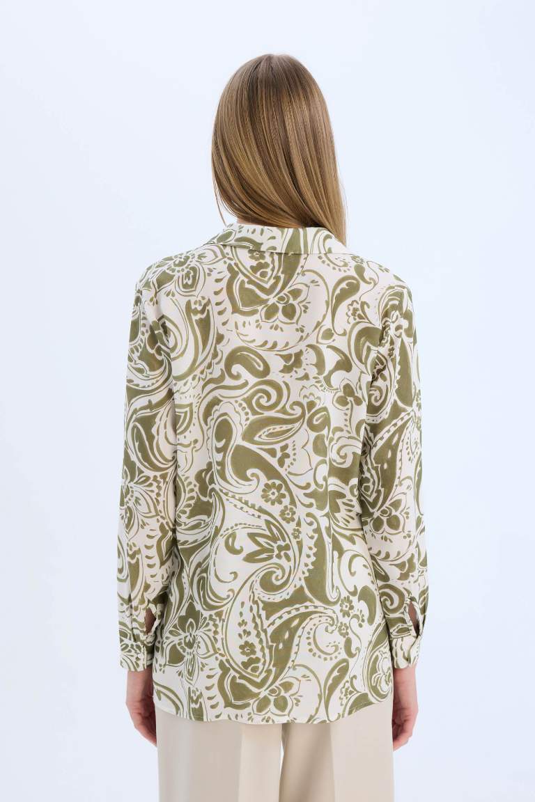 Oversize Fit Shirt Collar Printed Long Sleeve Tunic