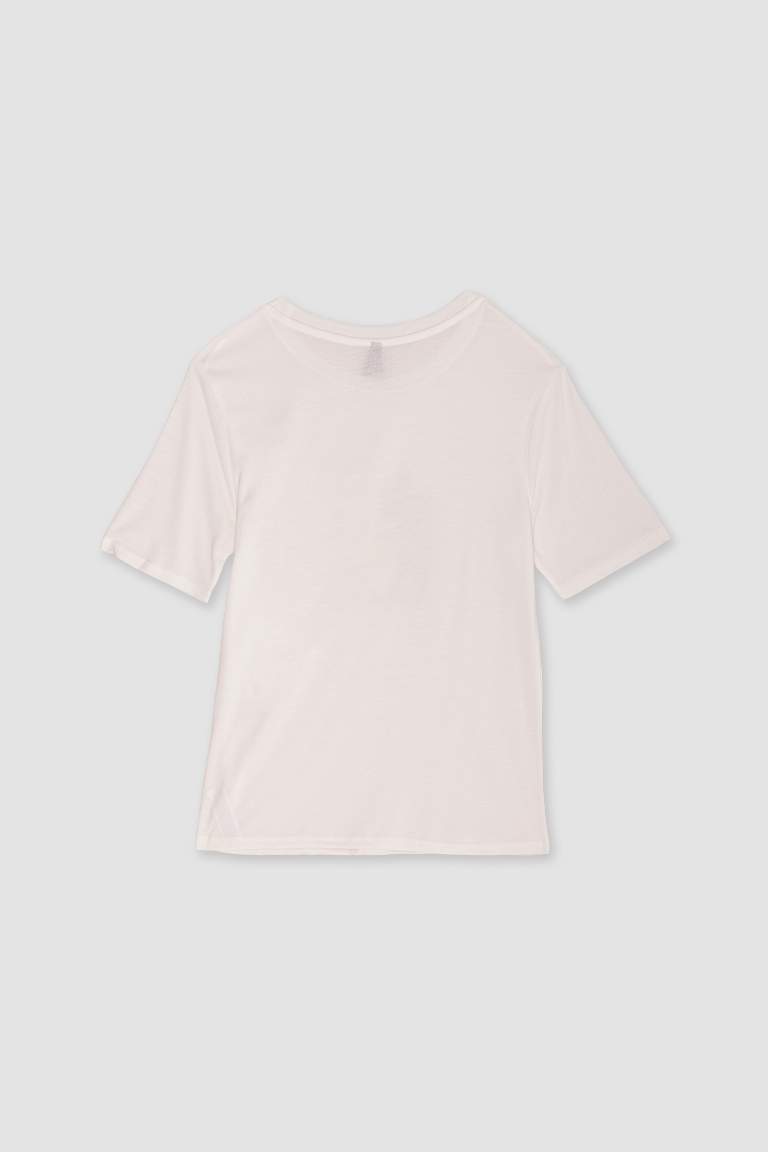 تيشيرت نص كم قصة عادية بياقة مستديرة