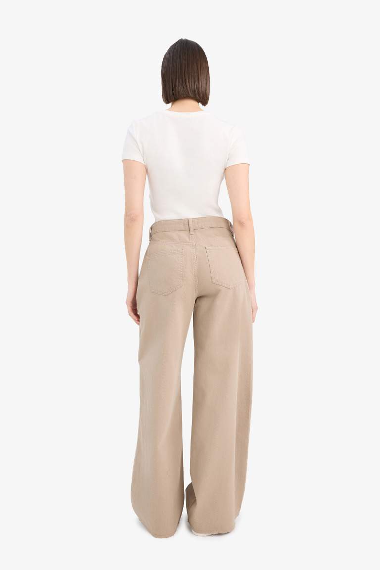 Wide Leg Normal Waist Standard Length Gabardine Trousers