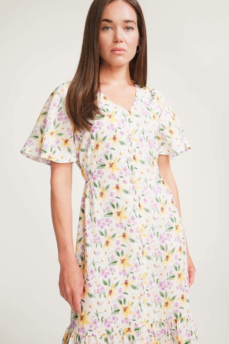 فستان ميدي نص كم تقليدي بياخة V