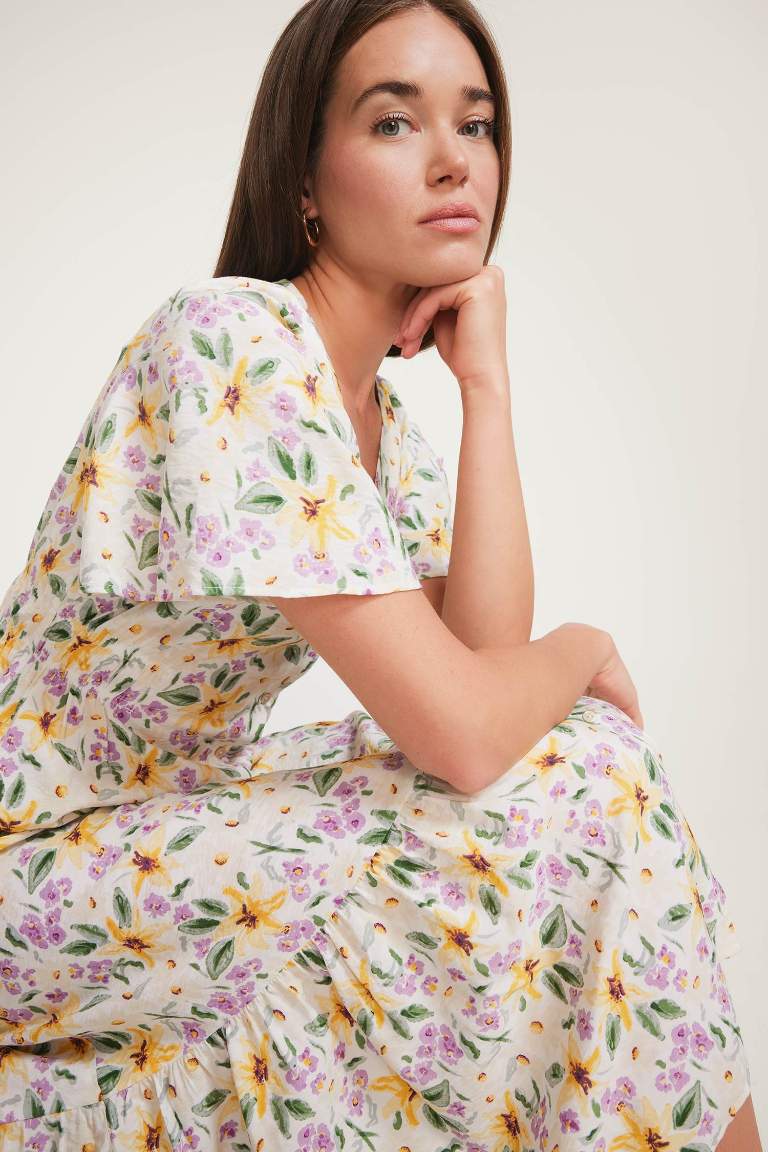 فستان ميدي نص كم تقليدي بياخة V