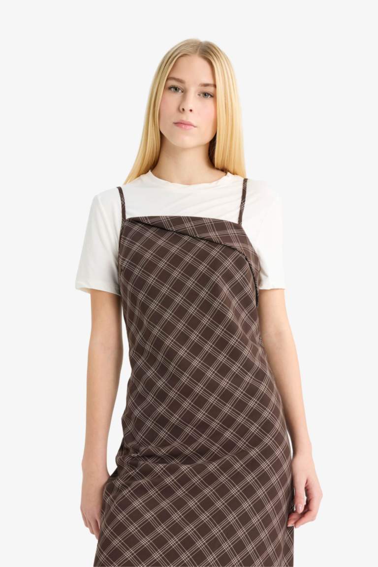 Cross Neck Plaid Strappy Midi Dress
