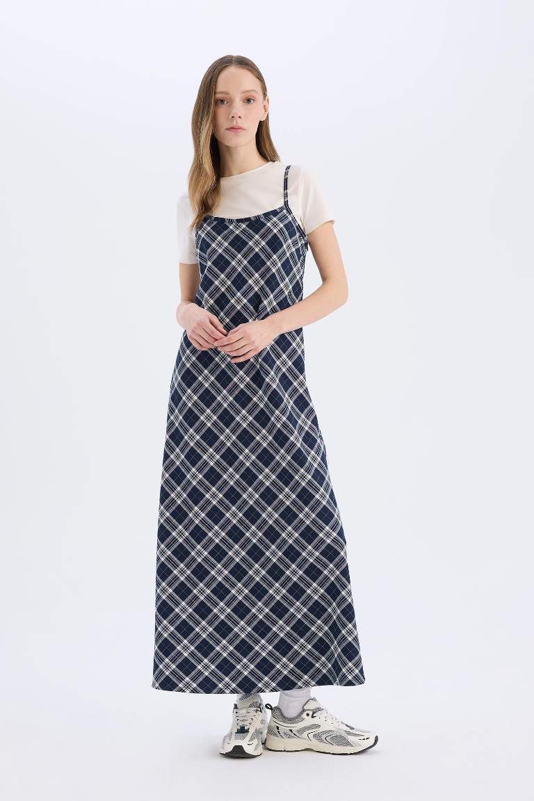 Slip V-Neck Plaid Midi Dress