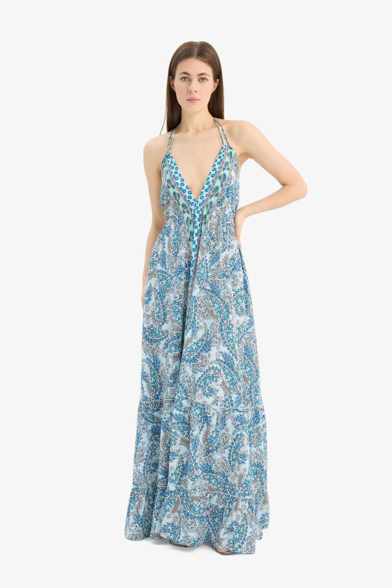 Regular Fit Etnik Desenli Boyundan Bağlamalı Maxi Plaj Elbisesi-Fall in Love