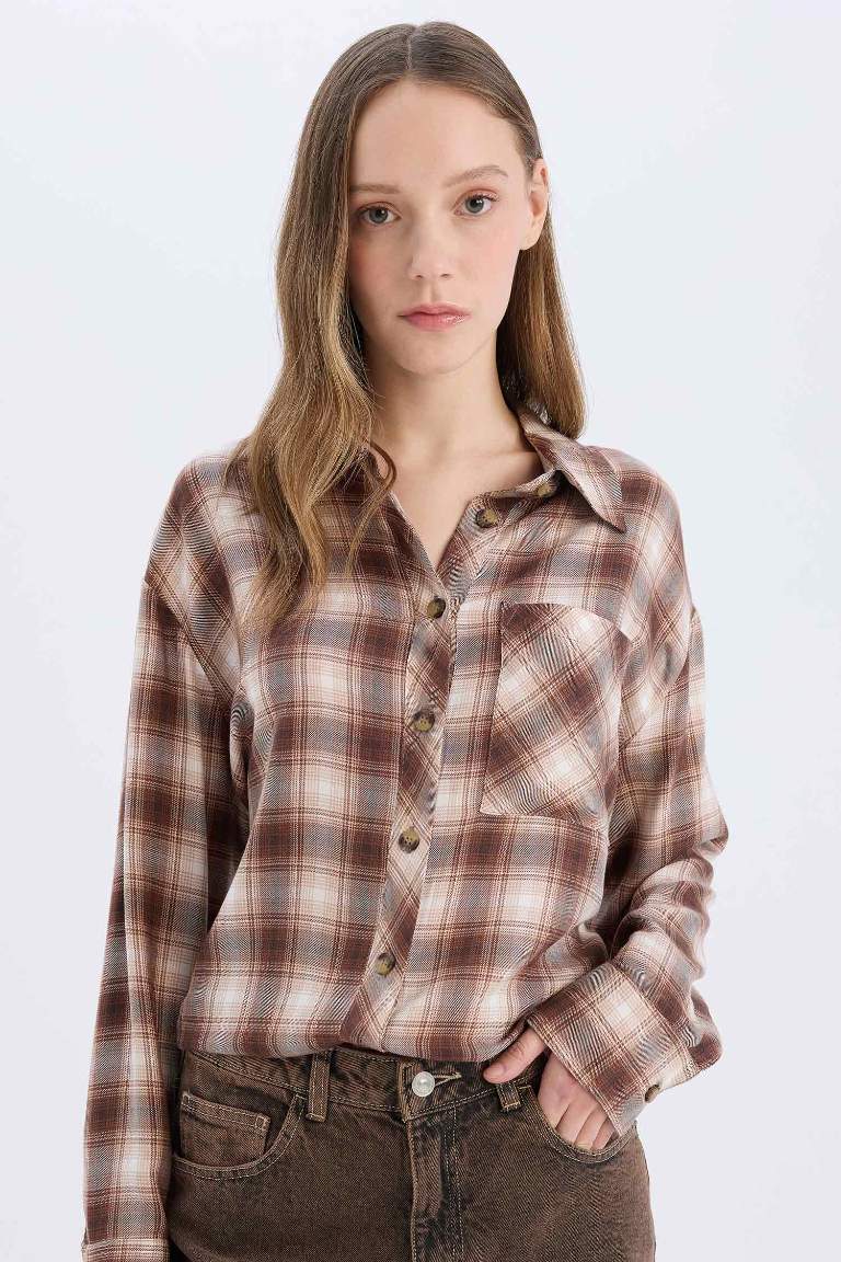 Oversize Fit Checked Pocket Long Sleeve Shirt