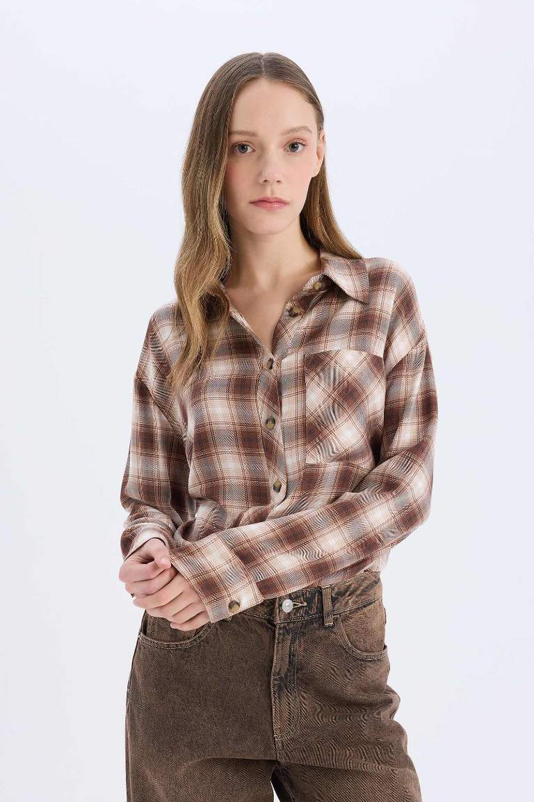 Oversize Fit Checked Pocket Long Sleeve Shirt