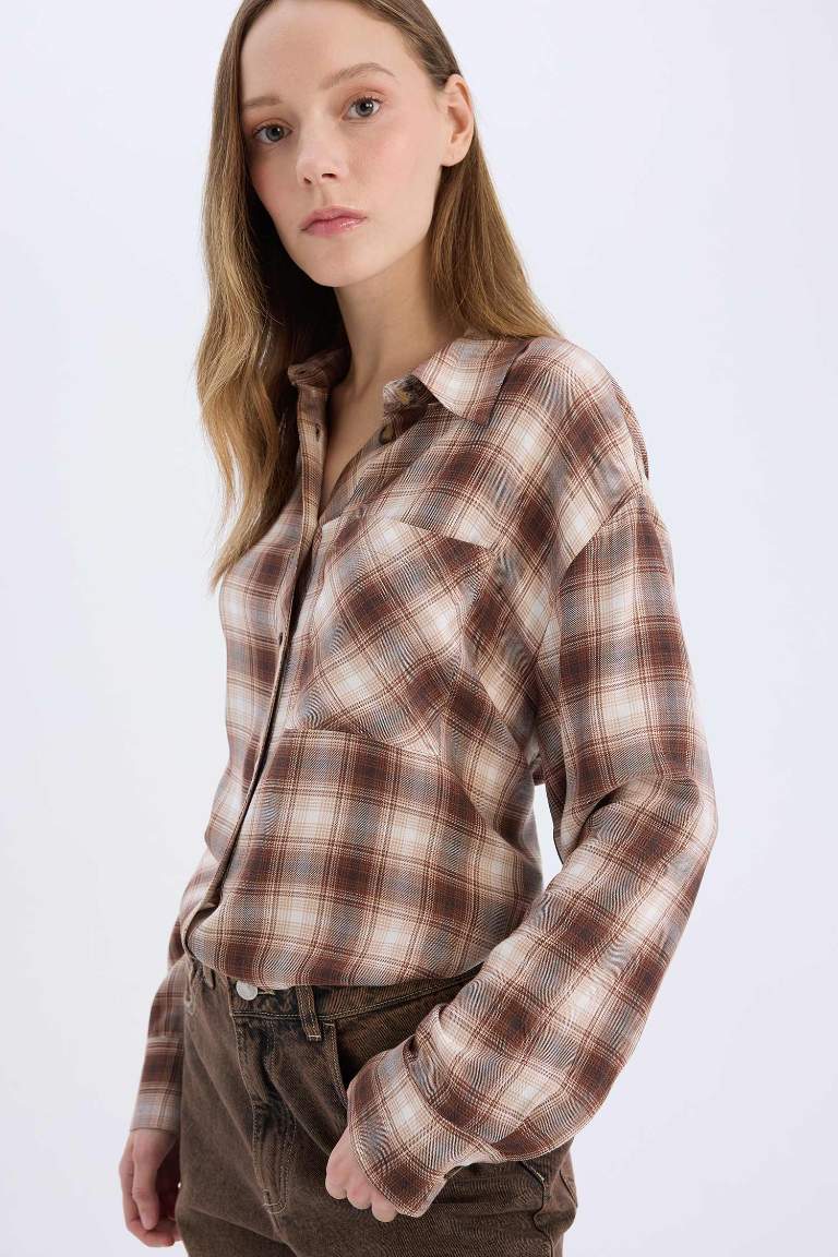 Oversize Fit Checked Pocket Long Sleeve Shirt