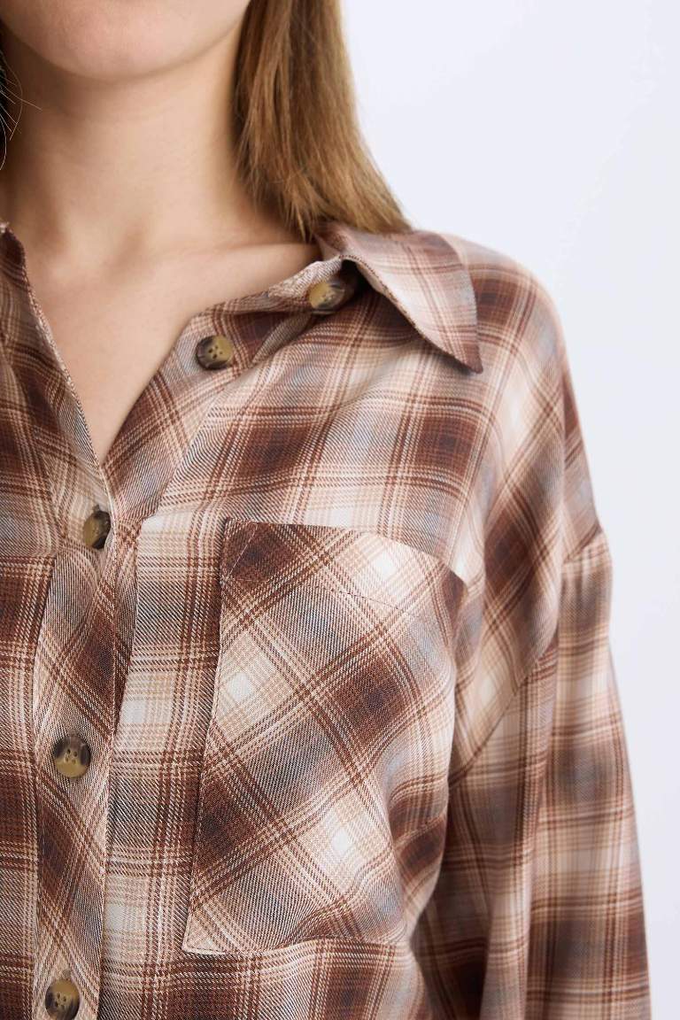 Oversize Fit Checked Pocket Long Sleeve Shirt