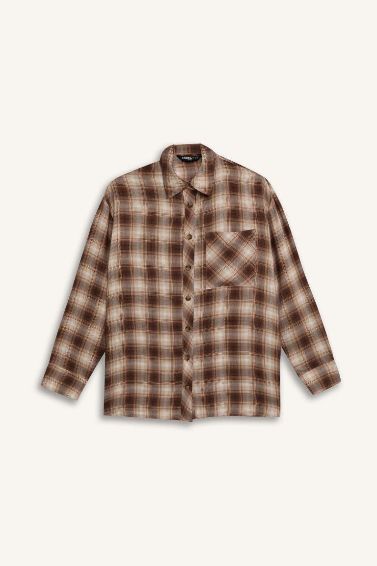 Oversize Fit Checked Pocket Long Sleeve Shirt