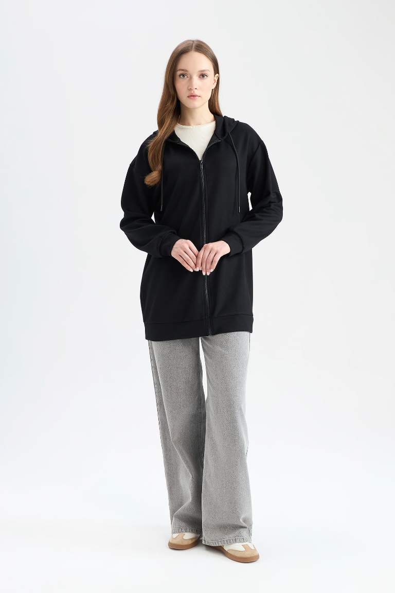 Relax Fit Hooded Basic Zippered Tunic Sweatshirt