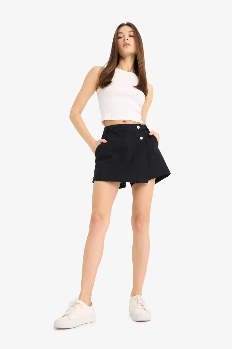 Yüksek Bel Cepli Mini Jean Şort Etek