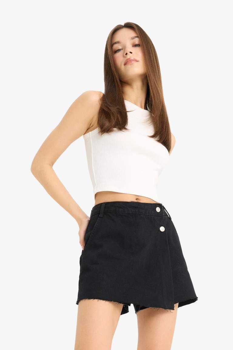 Yüksek Bel Cepli Mini Jean Şort Etek