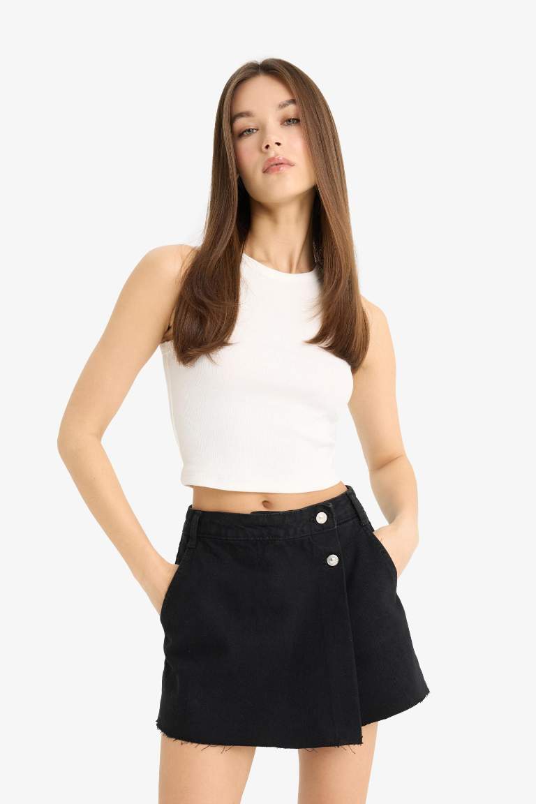 Yüksek Bel Cepli Mini Jean Şort Etek